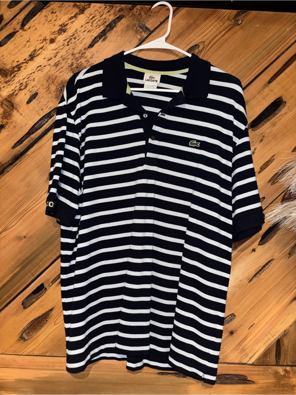 Lacoste Navy and White Striped Polo Shirt